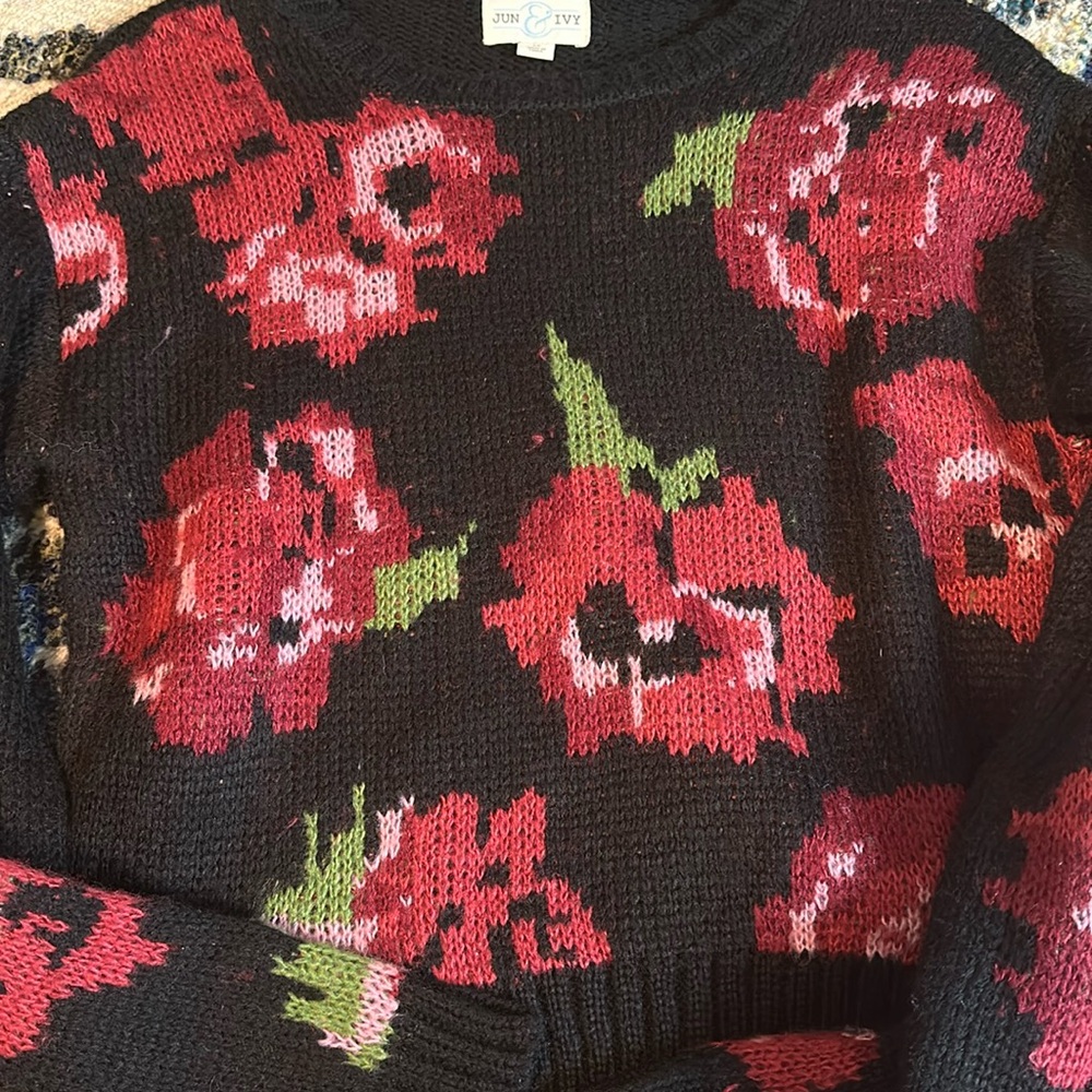 Francescas’s sweater, Medium, black with maroon/pink flowers.